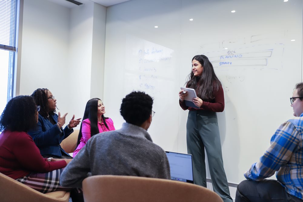 Image of Priyanka Chib presenting to colleagues during a meeting.